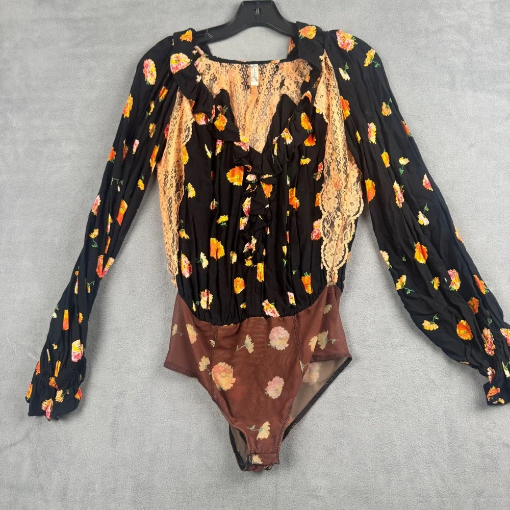 Intimately Free People Floral Lace Ruffle Bodysuit Black Orange XS Long Sleeve